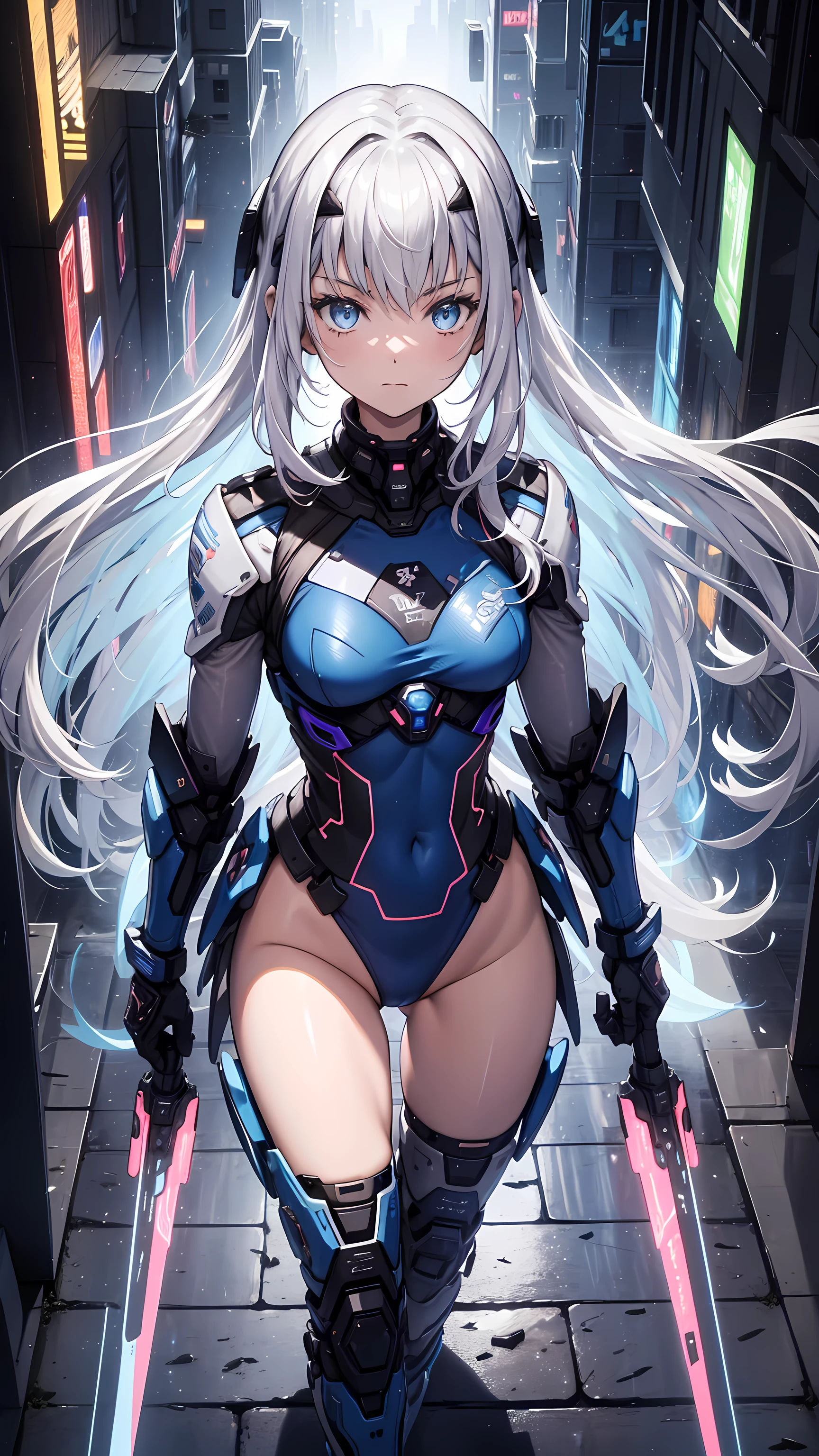 (   is the best quality,4K,8k,   high resolution, masterpiece :1.2),     super detailed    ,  girl ，Holy，(   silver white hair   )，   blue eyes   ，obsessed，  graceful standing，玩得 happy  ，in love，  cute cloth   ， Exquisite clothing，pattern，Swimsuit，  happy  ， Sci-fi city ，  Unique  ，Small amount of armor ， confrontation ，rain，  sci-fi combat suit  ，A few decorations on the blue racer suit