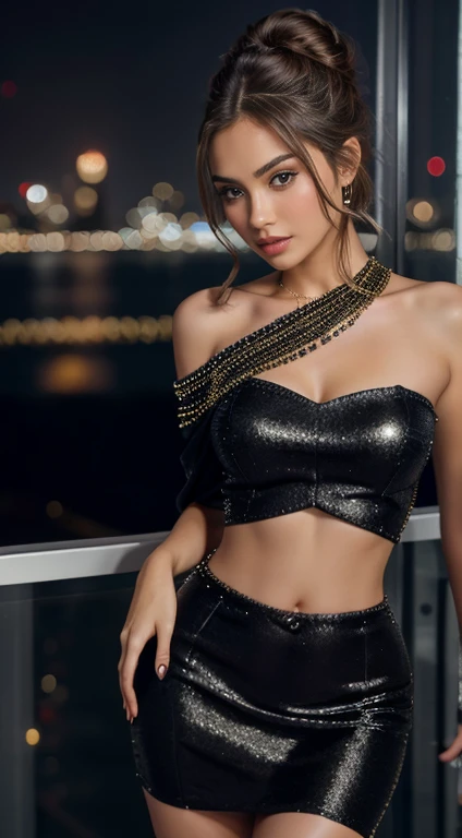 a close up of a woman in a black top and silver pants, olivia culpo, dua lipa, emily ratajkowski, bralette, bella poarch, sexy look, victoria's secret model, bella hadid, madison beer, kendall jenner, wearing a sexy cropped top, metal bikini, halter top, stunning woman, gorgeous lady, halter-top