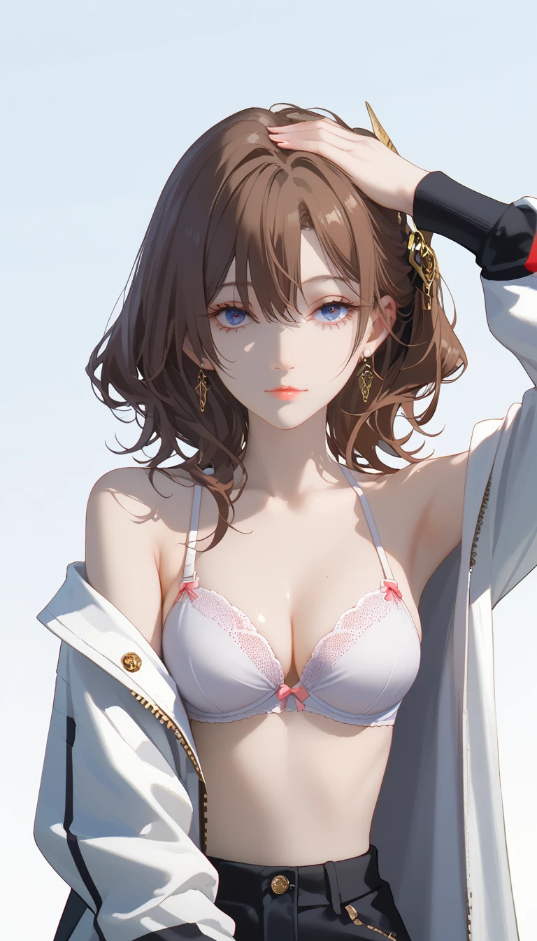 (Ubël, sousou no frieren), (Ubël frieren), brown hair, eyelids, 1girl, cute, solo, (jacket), (opened jacket, jacket down, sagging jacket), bra, bare shoulders, arms raised, hands on head, underarms, sexy, looking at viewer, front view, (bedroom background)