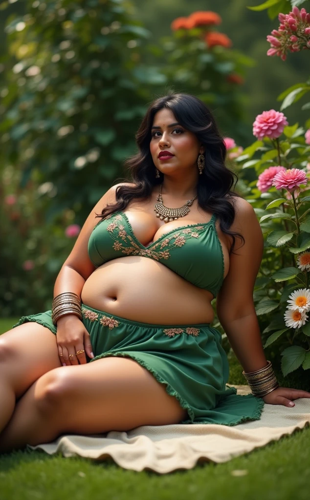 A sexy thick  gujarati indian lady with a very huge round shining  hanging and long cleavage line visible in a sexy folded green trandprent saree & pink single tripe bra. Also revealing her underarms and Navel. And spread leg pussy showing 