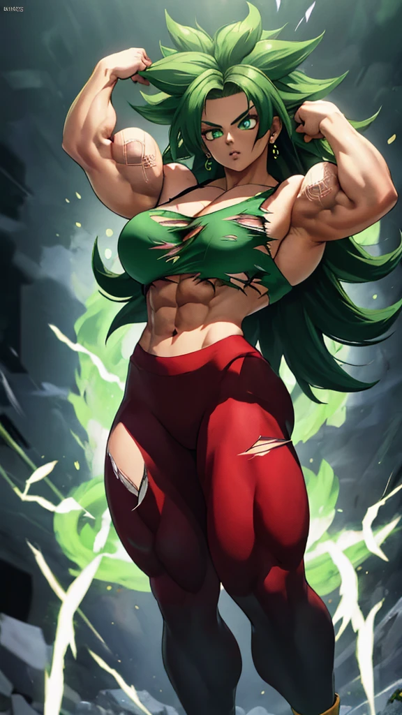 ( masterpiece ,  better quality ,  ultra detailed ,  at high resolution ,  best illustration ), 1 girl, cowboy photo of the beautiful xyzkefla super saiyan,  green hair, Very Long Hair,  green eyes, pointed hair , Energy, ( torn clothes:1.2), jewelry, aura, Leggings, Red clothes, Detailed,   sharp focus , Dramatic,  cinematic lighting , bodybuilder, standing, cargando Energy,Saiyan aura ,Green aura, very muscular,