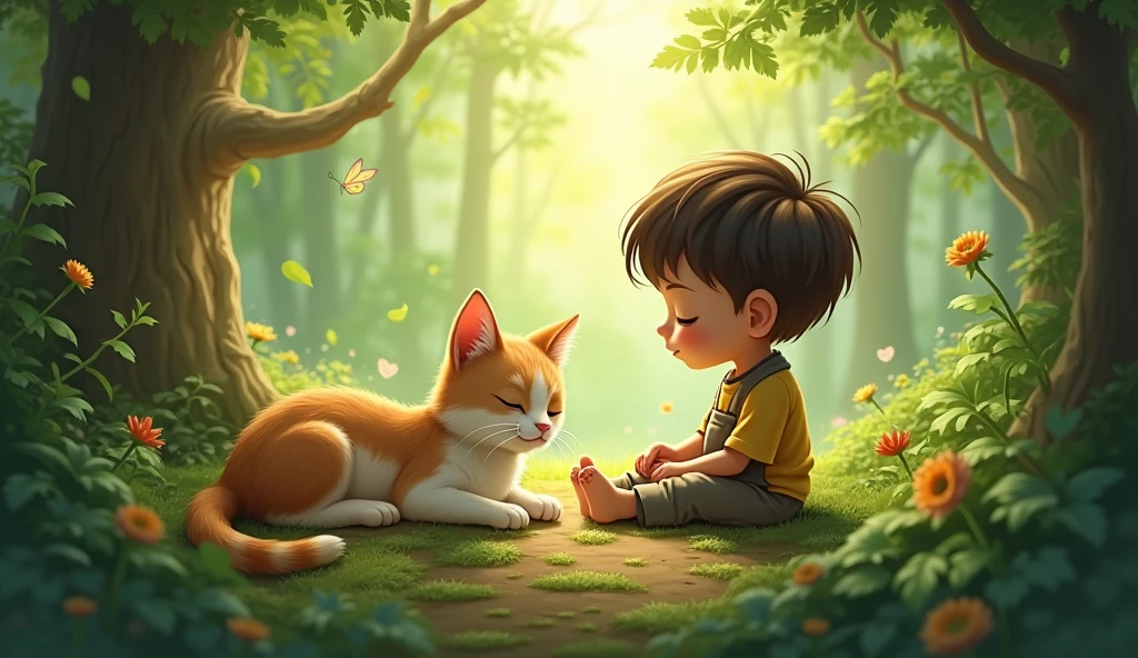 thai little boy with small kitten