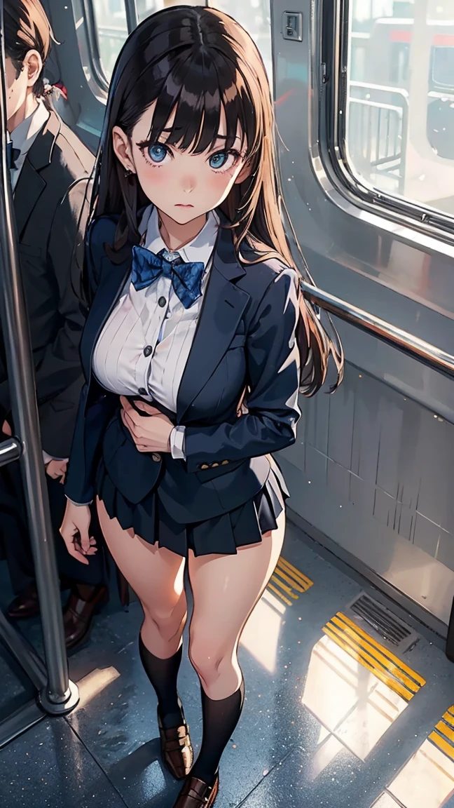 best quality,masterpiece,extremely detailed CG unity 8K wallpaper,very detailed,professional lighting,(midday,white daylight),in the train,standing,solo,school girl,from above,(ethereal beauty,delicate eyes,adorable,round face),(brunette,long straight hair,blunt bangs),(small face,long legs,slim body build,perfect proportion,perfect figure),(big breasts),school uniform,(navy blazer:1.2),close front button,a bow tie,(knee-high socks),(black loafers:1.4),mean face