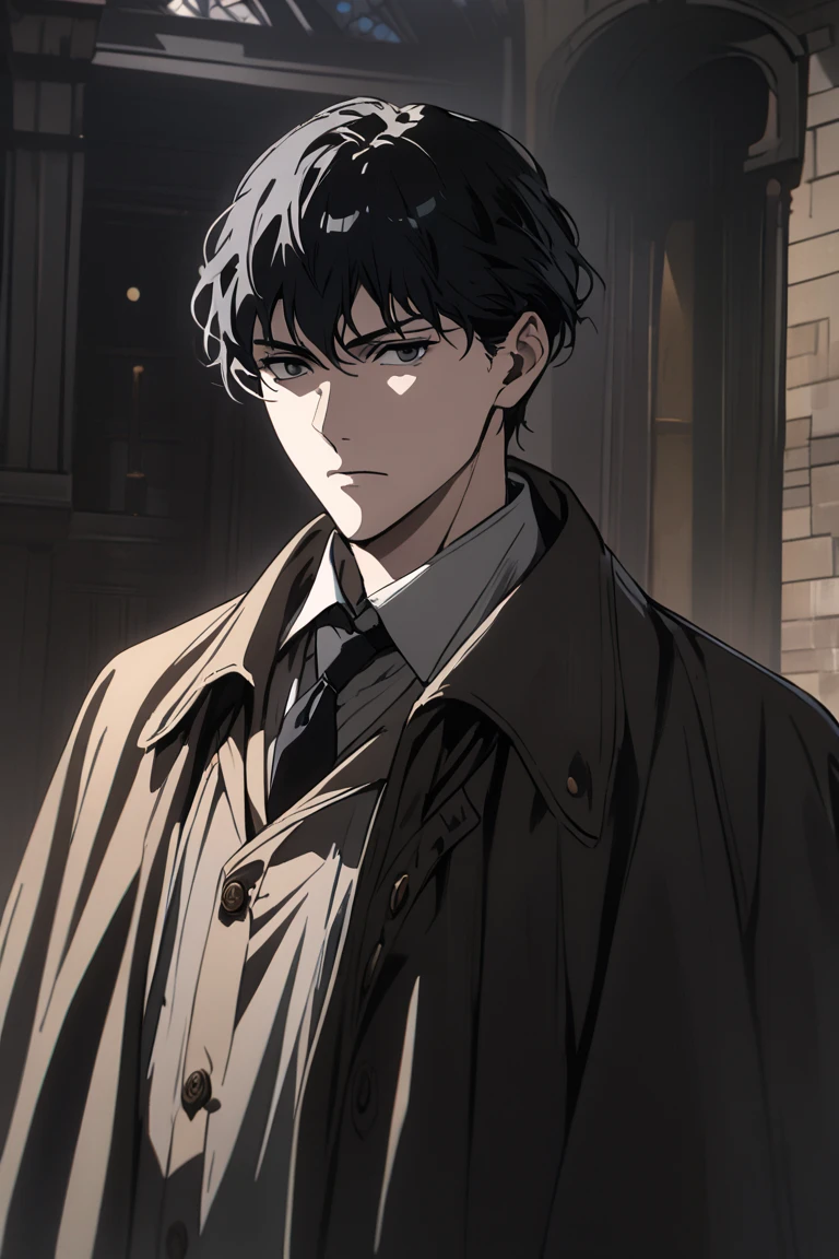 masterpiece, 1 man, full body, detective, black hair, grey eyes, stoic face, 