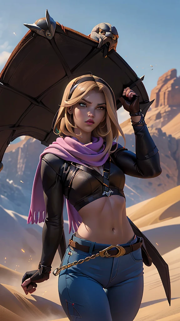 masterpiece, soft shadows, 1girl, fiona \(zoids\:1.10), pink dress, adult, medium breasts, red eyes, blonde hair, forehead mark, hero pose, wind blowing, beautiful, outside, sand, desert, sky, sun, lens flare <lora:FionaZoids:1>