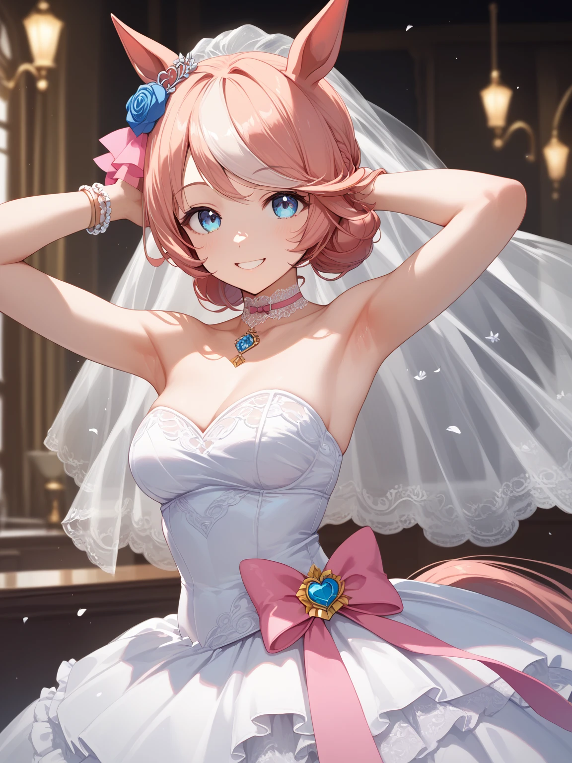 masterpiece, best quality, absurdres, mayano topgun \(umamusume\), 1girl, smile, horse ears, looking at viewer,hair ornament, armpits, wedding dress, low bun, low back pink ribbon, choker, waist pink bow, bare shoulders, bracelet