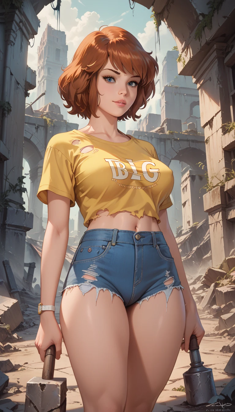 april o Neil  ,   asymmetric hair  , wide gray torn shirt and short tight blue denim shorts,  thick thighs  , standing,  hold a single hammer  ,Pose attentively ,  in the ruins of a ruined city ,  Apocalypse ,  High Definition, detailed , Ghostly lighting ,   High Definition, detailed Alta qualidade,   masterpiece ,detailed.
