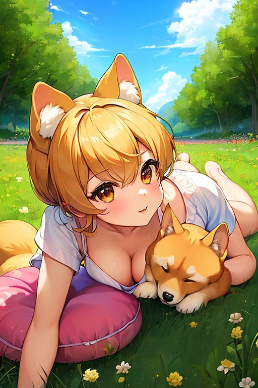 (( top quality)), ((  Masterpiece  )), (  Details), ******，(A human girl with round ears )， small breasts，Blouses and shorts，(Lie face up)，grassland，Tilt，((Shiba Inu ：2.5))