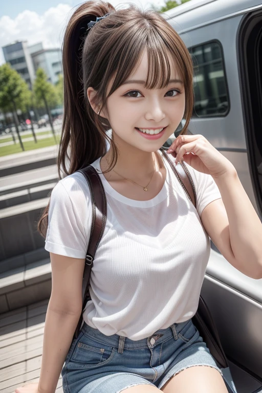 (Highest quality,masterpiece:1.3,Ultra-high resolution),(Very detailed、Caustics) (Realistic:1.4, RAW shooting、)Ultra-Realistic Capture、Very detailed、Natural skin texture、masterpiece、(Japanese woman wearing a satin shirt and jeans mini skirt:1.3), Adorable expression、Expressions of happiness、14 years old、height: 160cm、Young Face、Amazingly cute、Twin tails、Straight hair、Scrunchie、Black Hair、light makeup、necklace、H-cup busty、Shining thighs、Skin Arm、Background details、smile、An inviting gaze、Anatomically correct、Cowboy Shot、Attention to detail、Photographed on the main street of a summer resort、