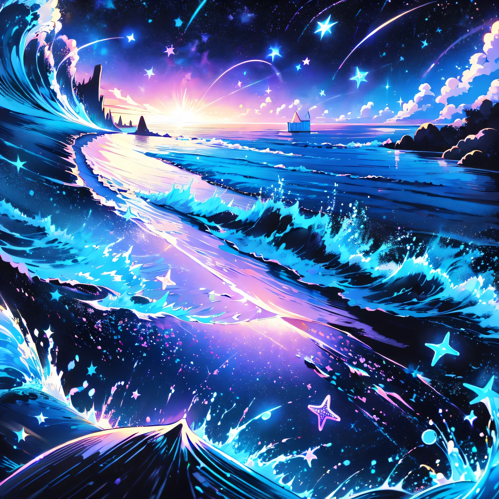 black light , 1 girl 、Chibi、cute、 black light ボディペインティング、Star Fairy、Meteor Shower、 composition from below 、Night sea、🌊、Wave、Waveがきれいに輝いている