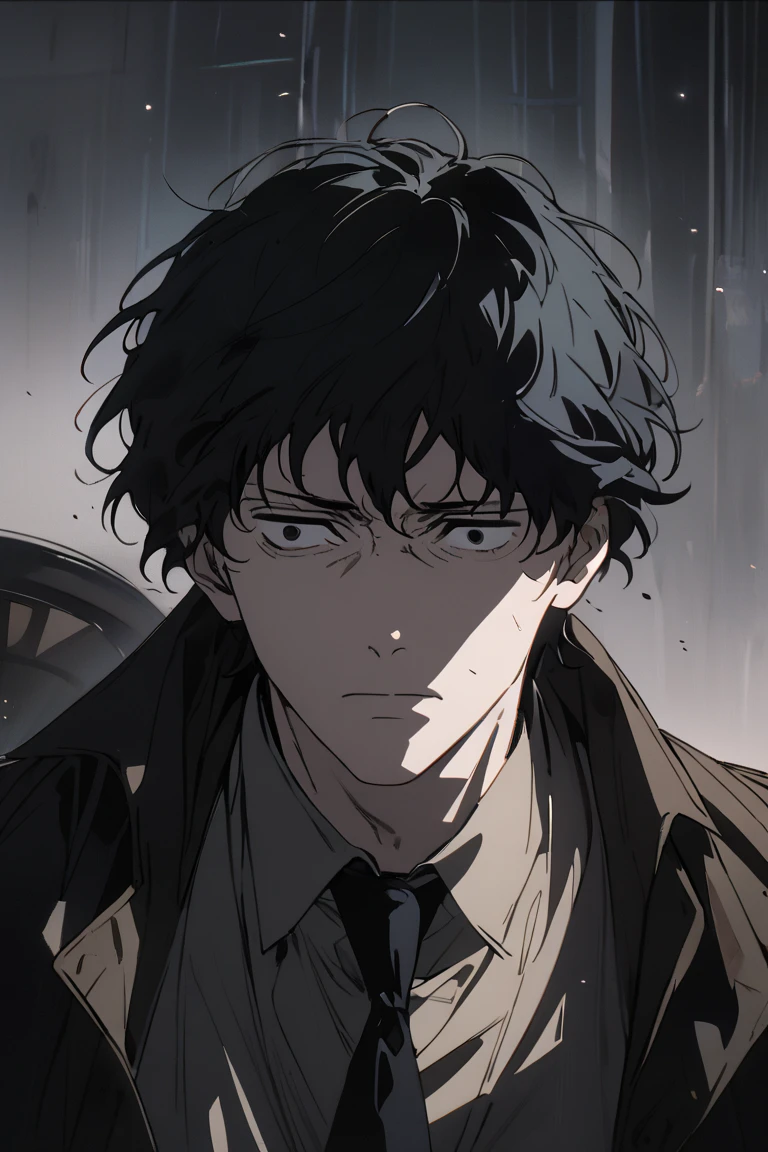 masterpiece, 1 man, full body,tired face, dead eyes, detective, black hair, grey eyes, stoic face, 