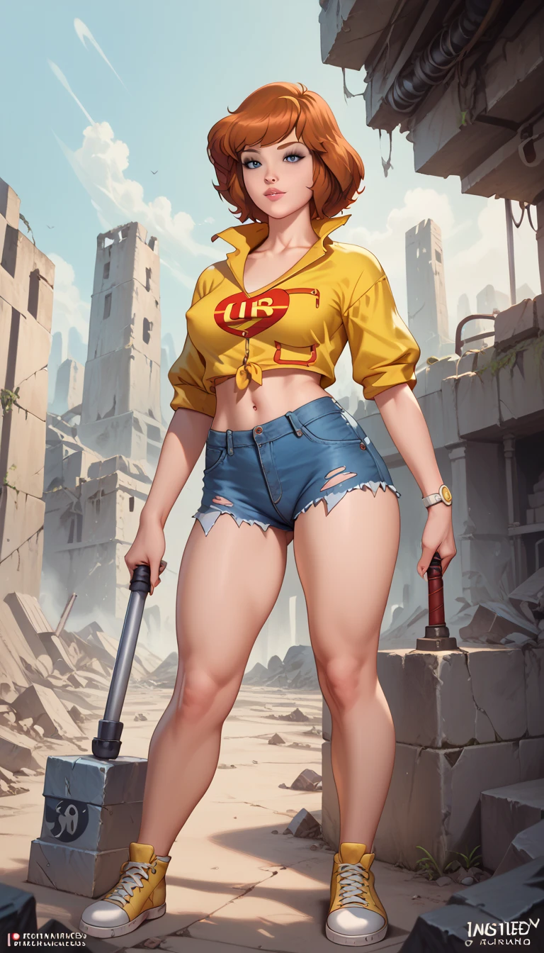 april o Neil  ,   asymmetric hair  , wide gray torn shirt and short tight blue denim shorts,  thick thighs  , standing,  hold a single hammer  ,Pose attentively ,  in the ruins of a ruined city ,  Apocalypse ,  High Definition, detailed , Ghostly lighting ,   High Definition, detailed Alta qualidade,   masterpiece ,detailed.
