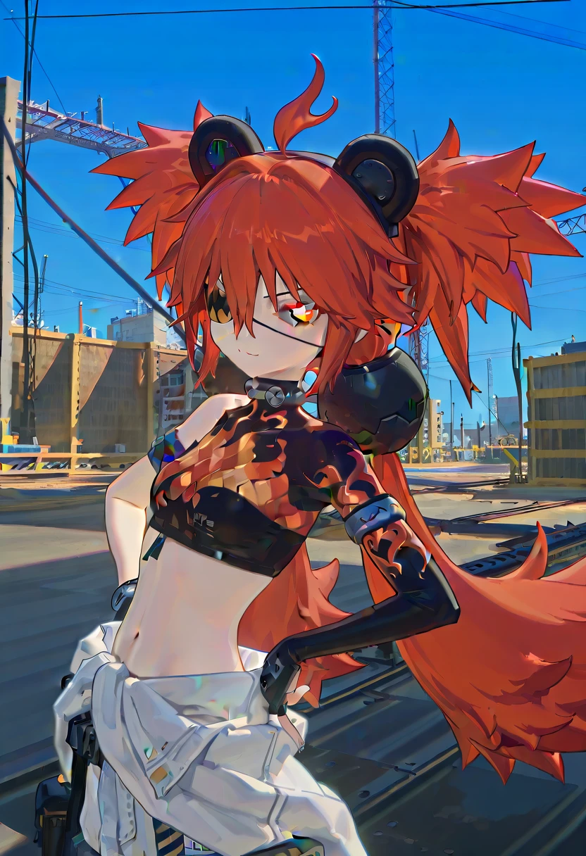 (Masterpiece, Ultra-high resolution, 8k, High Quality, Top quality, High-Detailed, Detailed CG, Cinematic Shadow:0.5, Beautiful Detailed Eyes, Ultra Resolution, Depth of Field, High Resolution, Masterpiece: 1.2), (Anime Art style), (cowboy shot), (Construction site:1.6), 1girl, solo, Koleda Belobog, red hair, messy hair, red eye, black pupil, twintails, ahoge, fake bear ears, eyepatch, hair ornaments, collar, crop top, armbands, one sleeve, fingerless gloves, shoulder cut, midriff, navel, jacket tied around waist, construction pants, white pants,belts, gadgets on hip, , small breasts, beautiful breasts, smile, dynamic angle, face focus, hands on own hips,