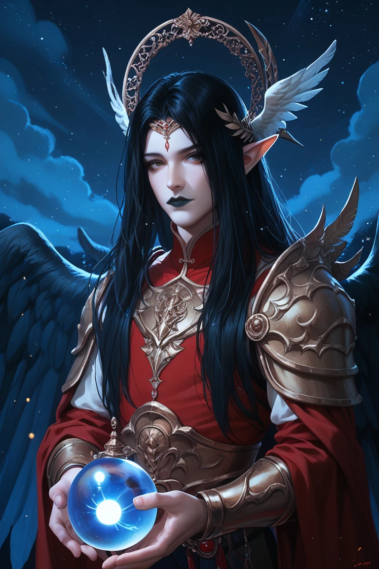 1girl, solo, armor, male focus, black hair, black lips, blue skin, endsinger, fantasy, head wings, long hair, looking at viewer, night, night sky, orb, pale skin, pointy ears, wings, Red Accents, Bones, Blood
