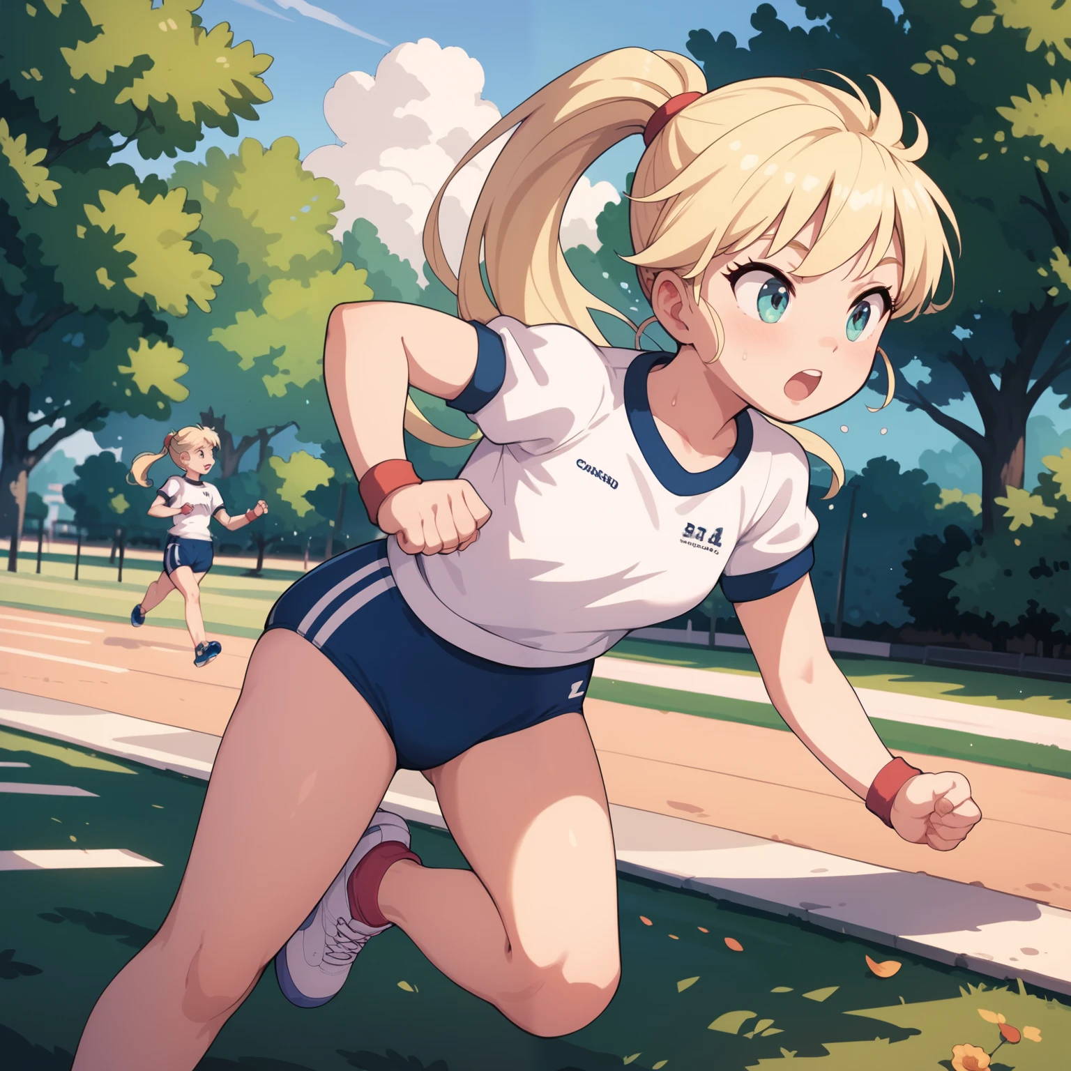 a young girl exercising in the park, 1girl, young, blonde hair, ponytail, gym uniform, buruma, park, outdoors, running, exercise, best quality, masterpiece,