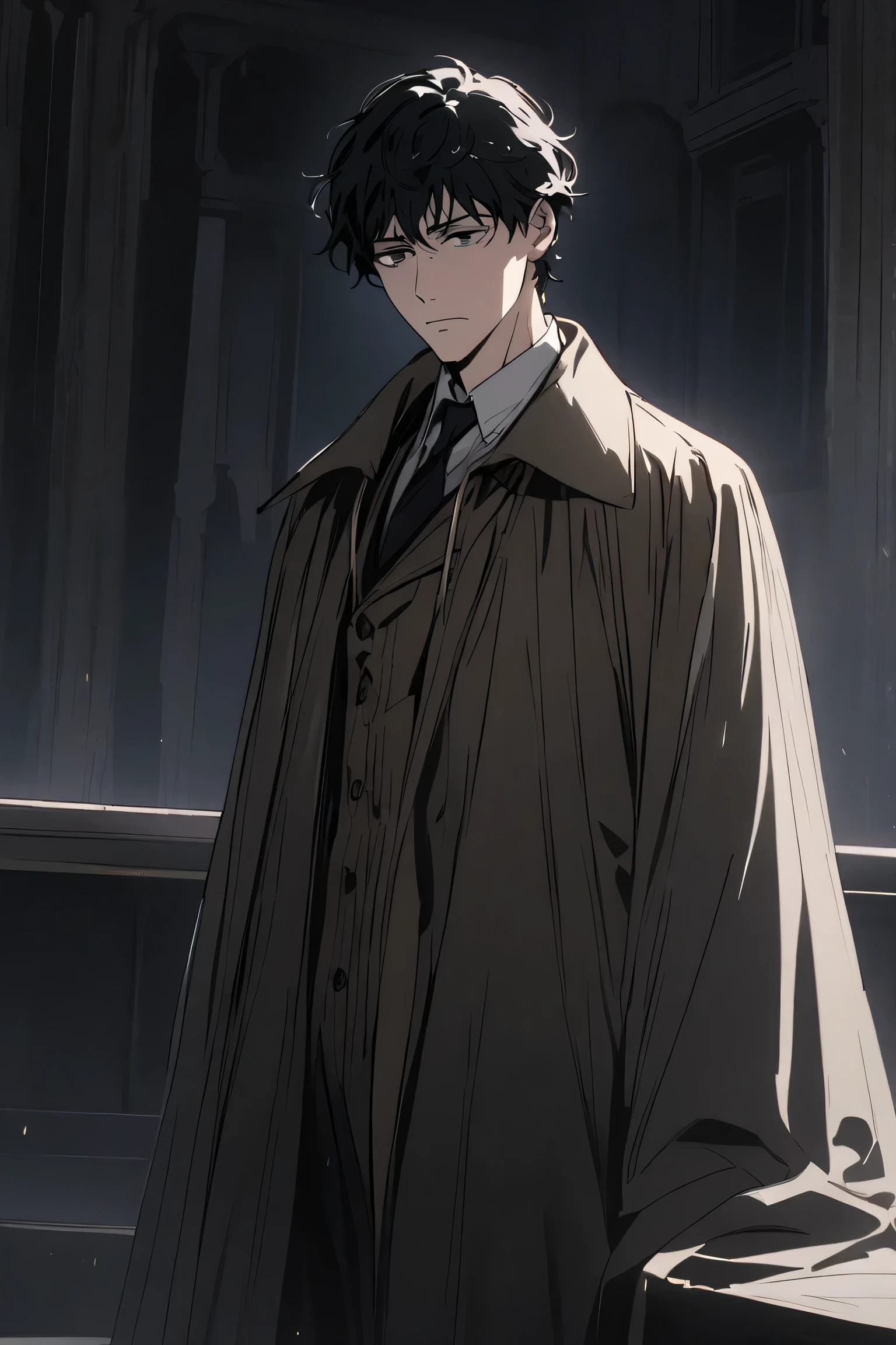 masterpiece, 1 man, full body,tired face, dead eyes, detective, black hair, grey eyes, stoic face, 