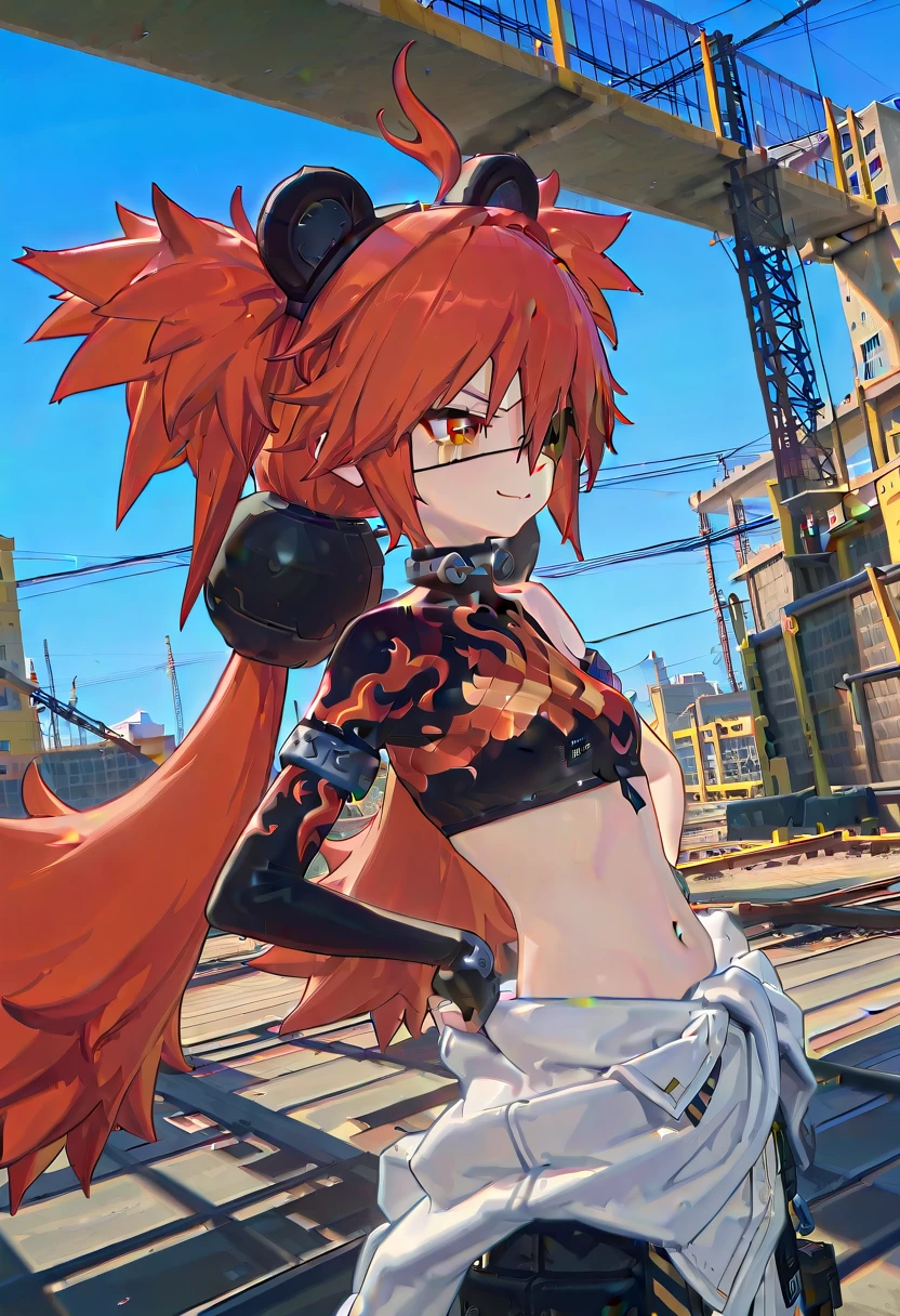 (Masterpiece, Ultra-high resolution, 8k, High Quality, Top quality, High-Detailed, Detailed CG, Cinematic Shadow:0.5, Beautiful Detailed Eyes, Ultra Resolution, Depth of Field, High Resolution, Masterpiece: 1.2), (Anime Art style), (cowboy shot), (Construction site:1.6), 1girl, solo, Koleda Belobog, red hair, messy hair, red eye, black pupil, twintails, ahoge, fake bear ears, eyepatch, hair ornaments, collar, crop top, armbands, one sleeve, fingerless gloves, shoulder cut, midriff, navel, jacket tied around waist, construction pants, white pants,belts, gadgets on hip, , small breasts, beautiful breasts, smile, dynamic angle, face focus, hands on own hips,