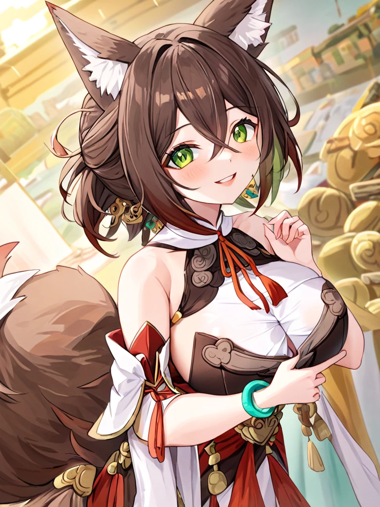 ultra-detailed,(best quality),((masterpiece)),(highres),original,extremely,tingyun,1girl,animal ears,green eyes,tail,solo,gigantic breasts,fox ears,brown hair,multicolored hair,looking at viewer,detached sleeves,holding,smile,jewelry,hair between eyes,animal ear fluff,bare shoulders,short hair,fox tail,bracelet,dress,