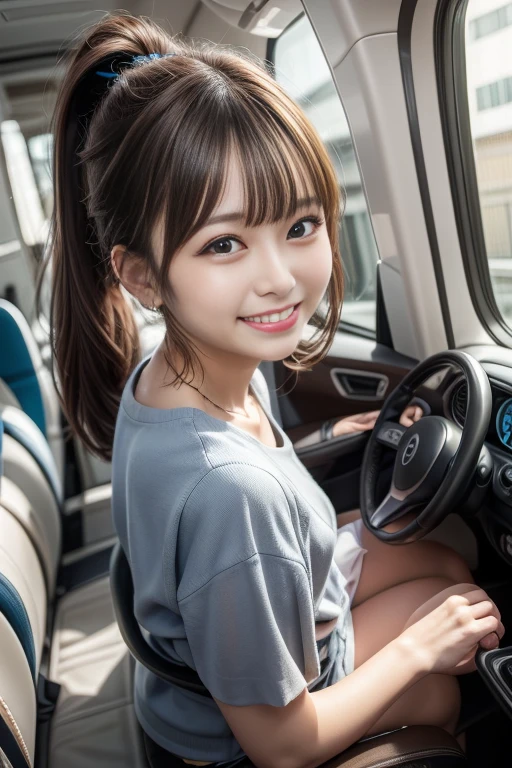 (Top image quality,4K,8K,Hi-Res,masuter piece:1.2),Ultra-fine,(realisitic,photoRealstic,Photorealsitic:1.37),portlate,illustratio,Clear background,Hair details,Face Details,Eyes in detail,A smile,Beautiful facial features,cute little、poneyTail,Brown hair,blue eyess,Large ribbon,Vibrant colors,Soft lighting, Tight mini skirt、She's driving a car、