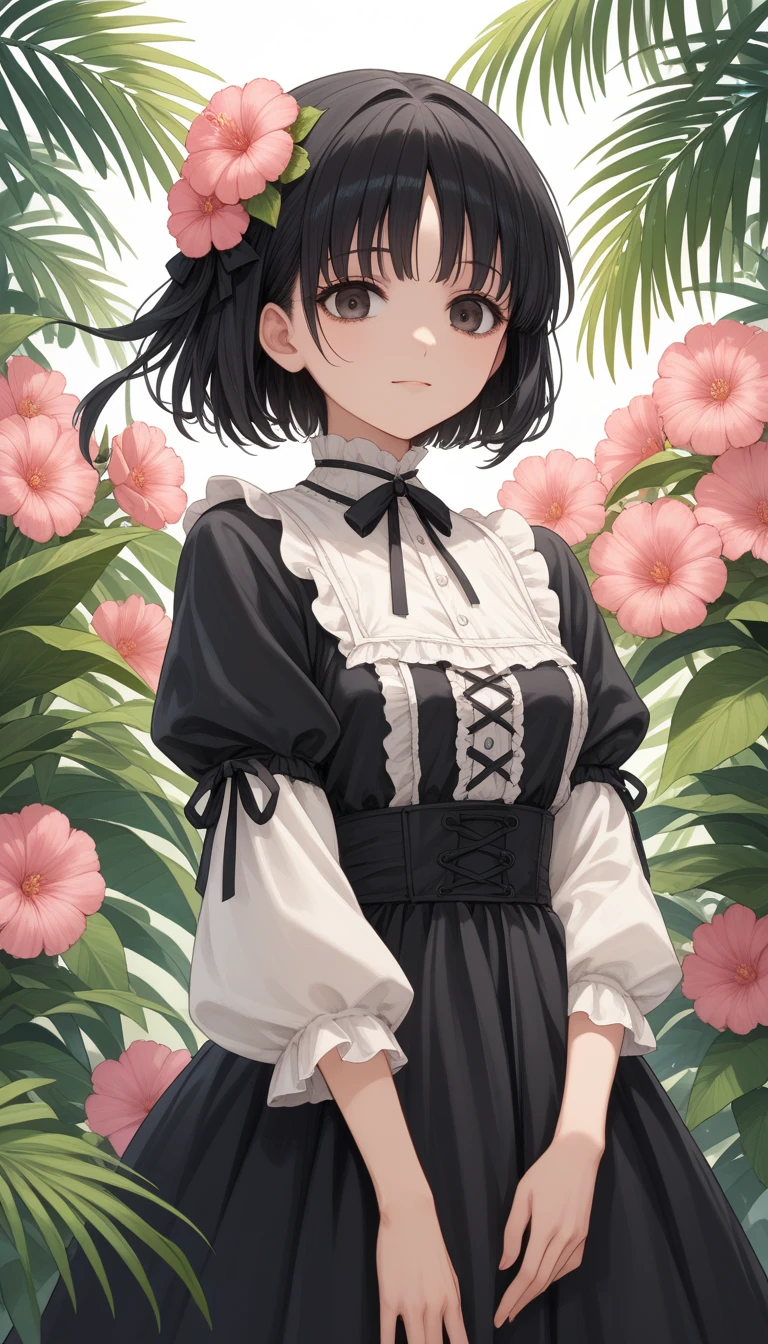 Anime girl with black hair 、 with pink flowers in her hair,   and tropical fruits  ,   old anime goth lolita girl , 2022 anime style,  202 ANIME STYLE , anime painter studio 製, high quality  Anime Art Style , In anime style,   anime style portrait  ,  Anime Art Style ,  Anime Art Style ,  Gap Moe Yandere