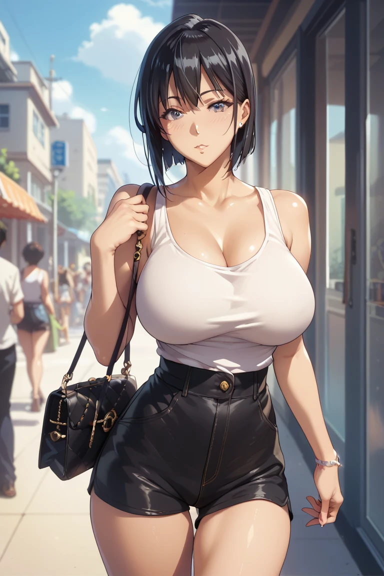 1girl, black hair, large breasts, legs, curvy, white tank top, black shorts, highwaist shorts, short hair, purse, takeda hiromitsu style, shinjugai style, 