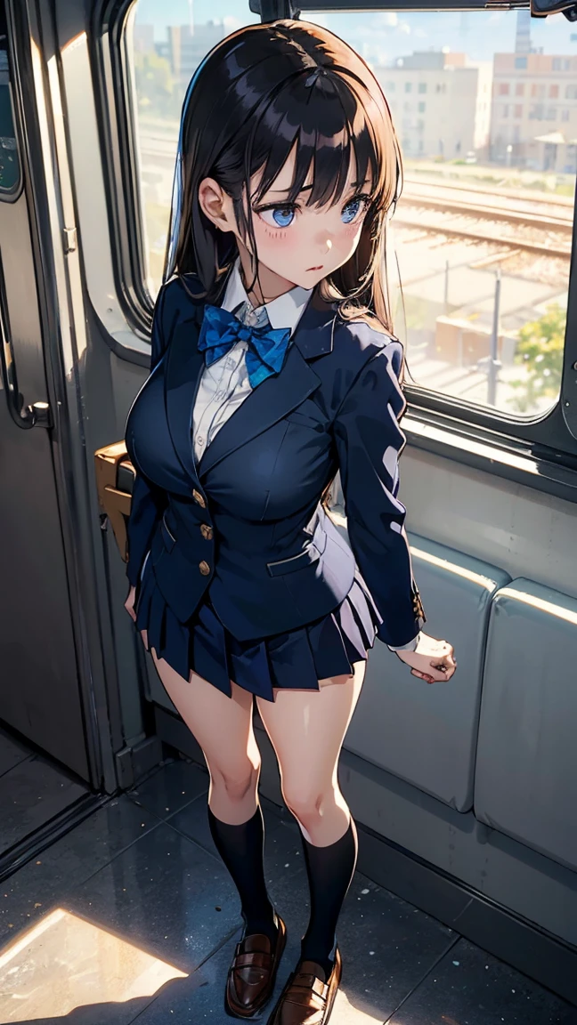 best quality,masterpiece,extremely detailed CG unity 8K wallpaper,very detailed,professional lighting,(midday,white daylight),in the train,standing,solo,school girl,from above,(ethereal beauty,delicate eyes,adorable,round face),(brunette,long straight hair,blunt bangs),(small face,long legs,slim body build,perfect proportion,perfect figure),(big breasts),school uniform,(navy blazer:1.2),close front button,a bow tie,(knee-high socks),(black loafers:1.4),mean face