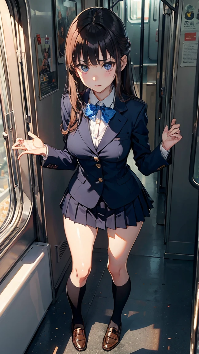 best quality,masterpiece,extremely detailed CG unity 8K wallpaper,very detailed,professional lighting,(midday,white daylight),in the train,standing,solo,school girl,from above,(ethereal beauty,delicate eyes,adorable,round face),(brunette,long straight hair,blunt bangs),(small face,long legs,slim body build,perfect proportion,perfect figure),(big breasts),school uniform,(navy blazer:1.2),close front button,a bow tie,(knee-high socks),(black loafers:1.4),mean face