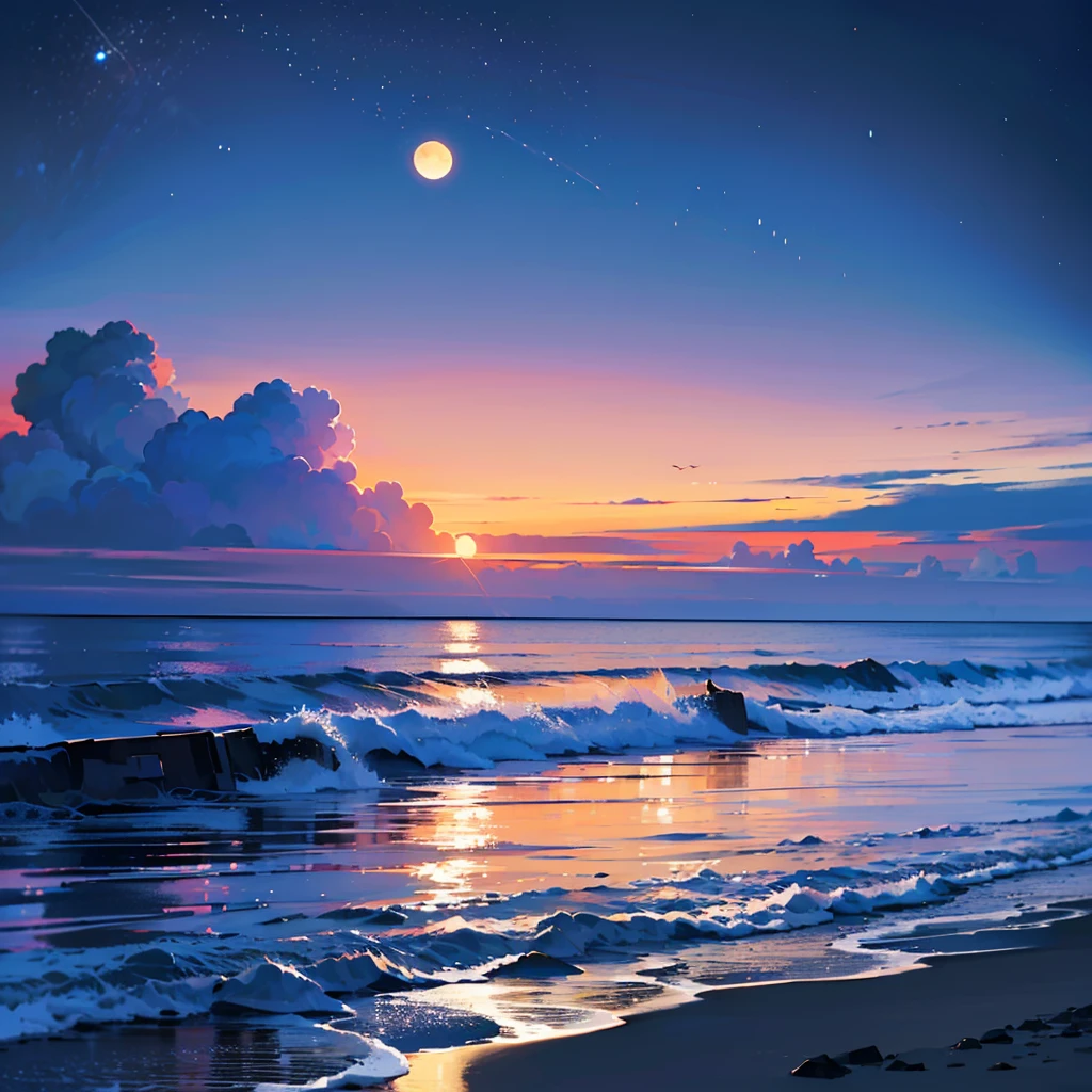 Landscape, starry night, moonlight, (deep night:1.5), quiet night, moonlit ocean, ((UHD, masterpiece, super detail, best quality, high-res, 8k)), no sun, no orange light.