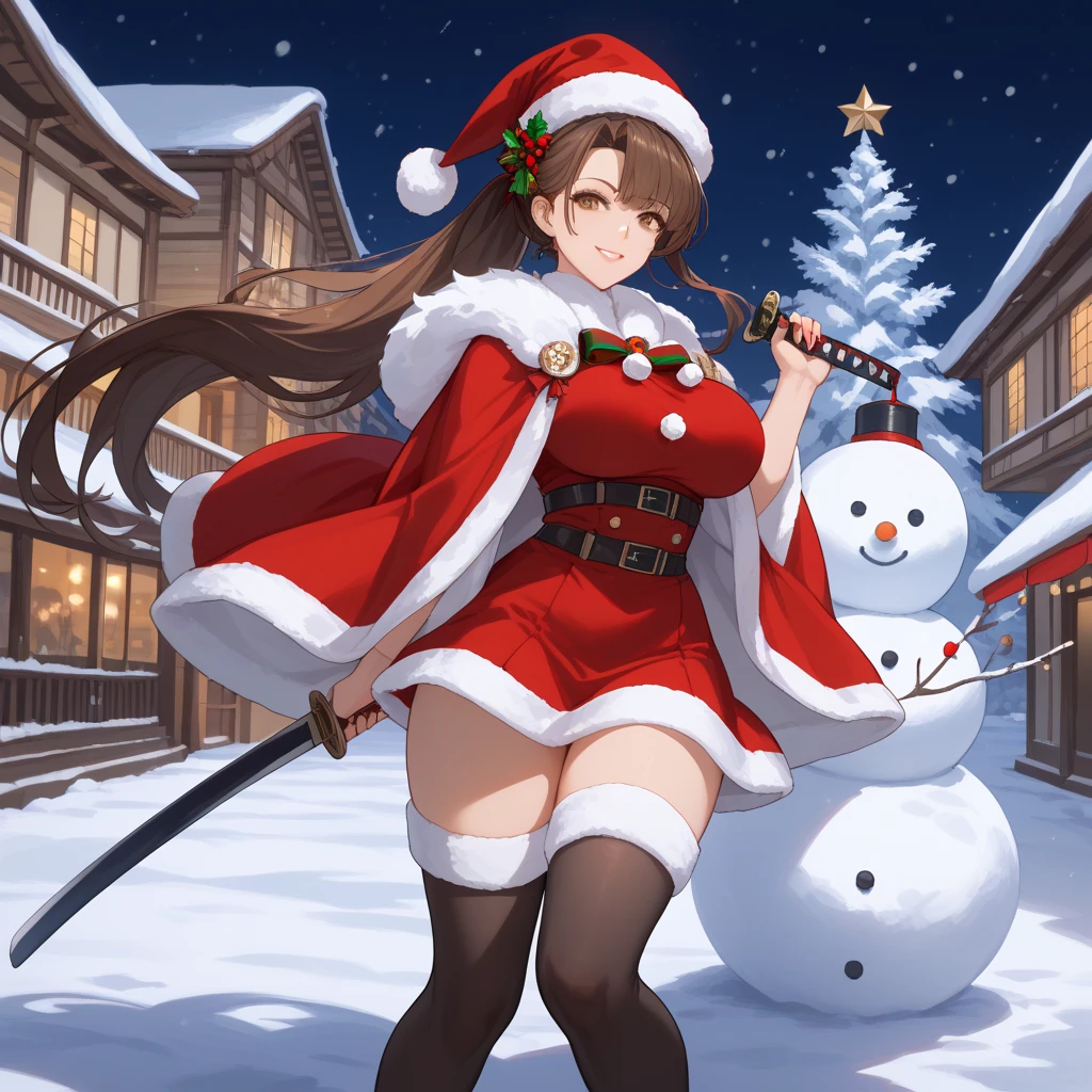 A woman wearing a Santa Claus uniform, big breasts, white fur cape, Christmas hat, brown hair, long hair, long ponytail, brown eyes, smiling, perfect lips, perfect face, holding a katana without a sheath, in a concrete sidewalk with Japanese aesthetics, Christmas atmosphere, night place, snowman, Christmas heron, (Azur_lane, IJN_Zuikaku.) 8k, super detail, best quality, high quality, super detail, high details, highres, best quality, 8k, UHD (Solo woman)
