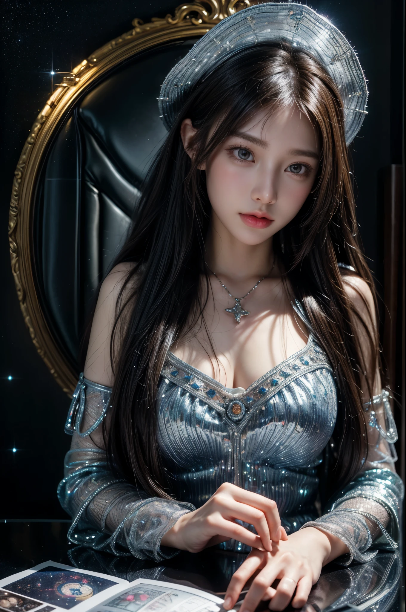 8K, UHD, MAsterpiece, best quality, 1 girl, ((realistic face)), happy pace, very long hair, small breasts, perfect waist, decorated dress, very beautiful ornaments dress, silver color, ((lace)), mesh dress, mesh cape flowing, sardine, loops, ((ornaments)), legendary night balcony, ((night:1.5)), depth of field, cinematic lighting, chromatic aberration, motion blur, glowing light, god rays, ray tracing, ((reflection light)), backlighting, bloom, chromatic aberration abuse, multiple monochrome, sitting,