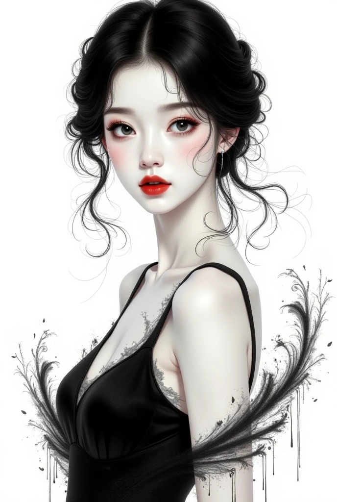  A beautiful young Asian woman is full of energy, Elegant dress, with a beautiful smile,  mysterious and powerful eyes ，black and white painting， painted with graphite on the bottom of the painting ， red lips,  small pieces of paint all around ,  rich in detail ,  Artwork ， has good taste ,  innovative and very exquisite  , 在画作底部，Pigment dripping