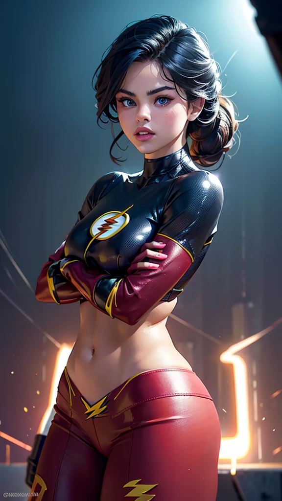 ((upper body shot)),((front view)), Flash versión mujer, sexy woman, DC comics,((flash logo in chest)), half naked, (classic costume), custom colors red and yellow, (Selena Gomez), perfect female body, big buttocks, toned abdomen, big and beautiful breasts, gloves, partículas de rayos, rayos a su alrededor, electricidad, partículas de poder, velocidad, Dramatic background, Metrópolis, Apocalyptic atmosphere, sensual look, beautiful blue eyes, classic hairstyle, Hair dyed in bright black color, best quality,4k,8k,A high resolution,masterpiece,ultra detailed,Realistic, Photorealistic,photo realistic