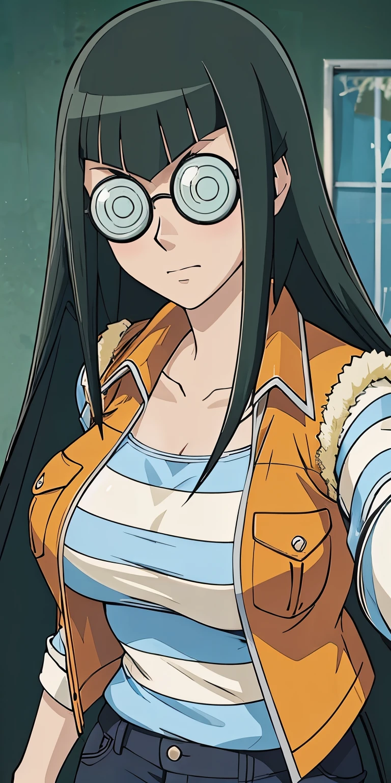 1 Female,High definition,high resolution,Ultra-realistic,8K,CC,long hair,black hair, glasses, perfect glasses, striped shirt, striped sleeves, jacket, vest,European,sexy,Photographed from the front,Dynamic Angles,private teacher,blush, (huge tits),nipples ,(black lace bra),(black lace panties),(selfie)