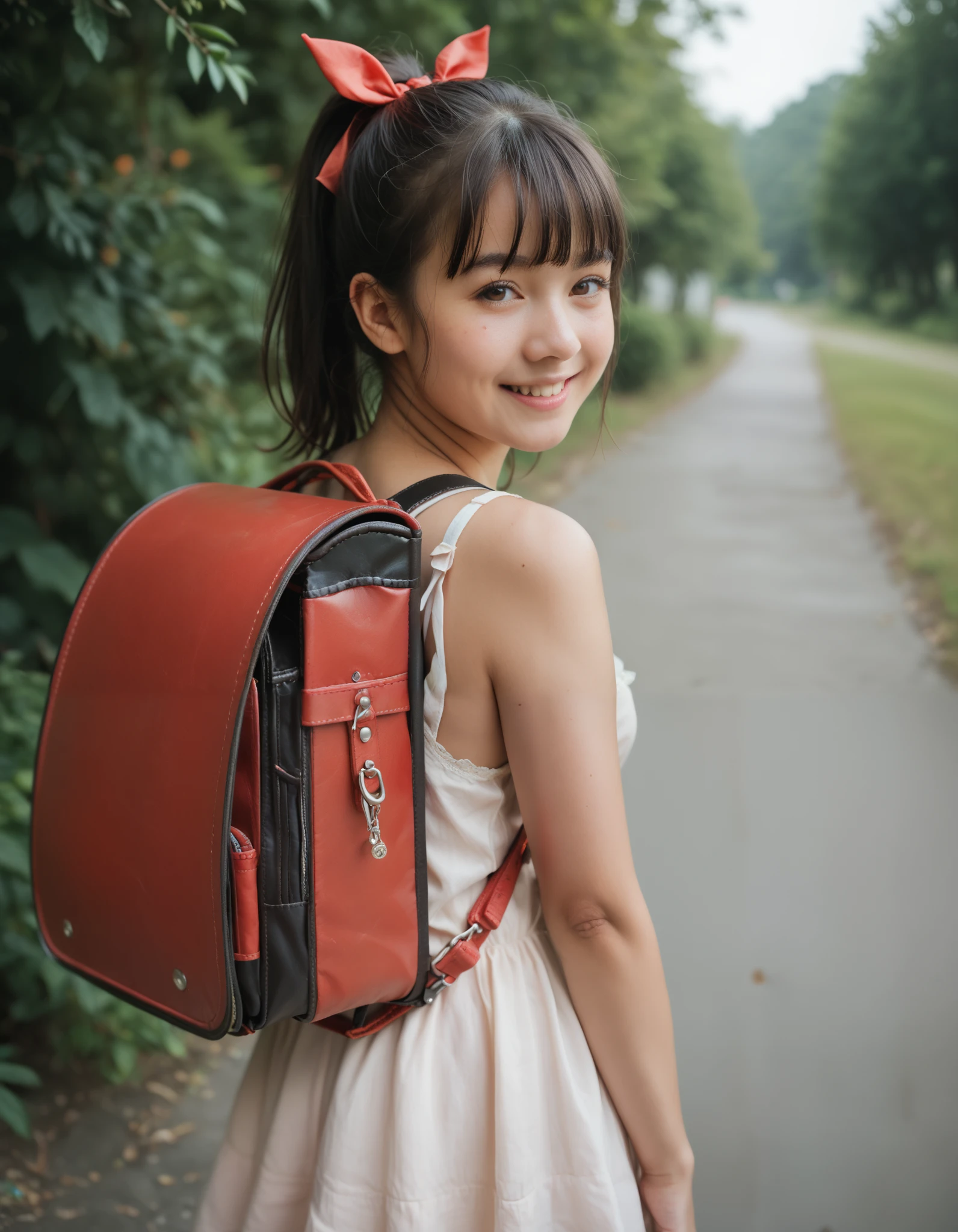 Masterpiece, hd, best quality, 1girl, realistic, ponytail, hair ribbon, black hair, medium hair,blunt bangs, short dress,smile,blush, wearing randoseru backpack,red backpack,medium breasts,camisole, standing, outdoor, looking at viewer