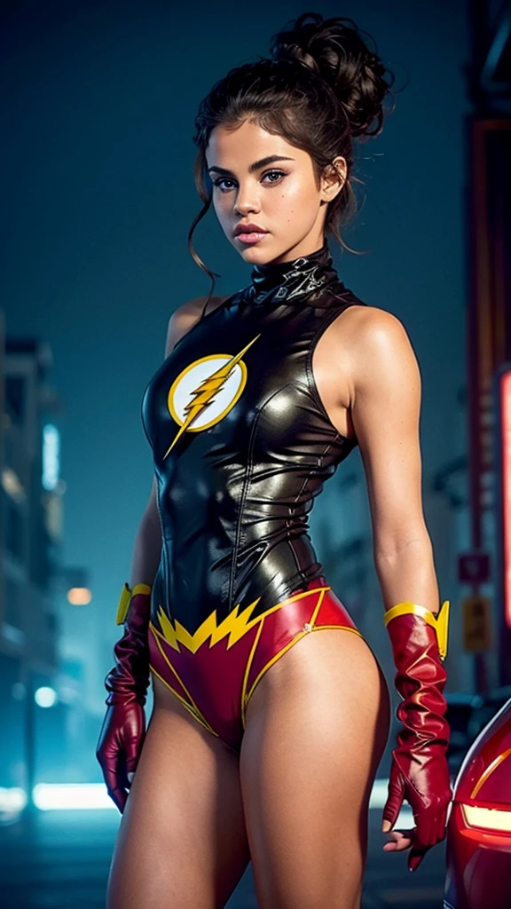 ((upper body shot)),((front view)), Flash versión mujer, sexy woman, DC comics,((flash logo in chest)), half naked, (classic costume), custom colors red and yellow, (Selena Gomez), perfect female body, big buttocks, toned abdomen, big and beautiful breasts, gloves, partículas de rayos, rayos a su alrededor, electricidad, partículas de poder, velocidad, Dramatic background, Metrópolis, Apocalyptic atmosphere, sensual look, beautiful blue eyes, classic hairstyle, Hair dyed in bright black color, best quality,4k,8k,A high resolution,masterpiece,ultra detailed,Realistic, Photorealistic,photo realistic