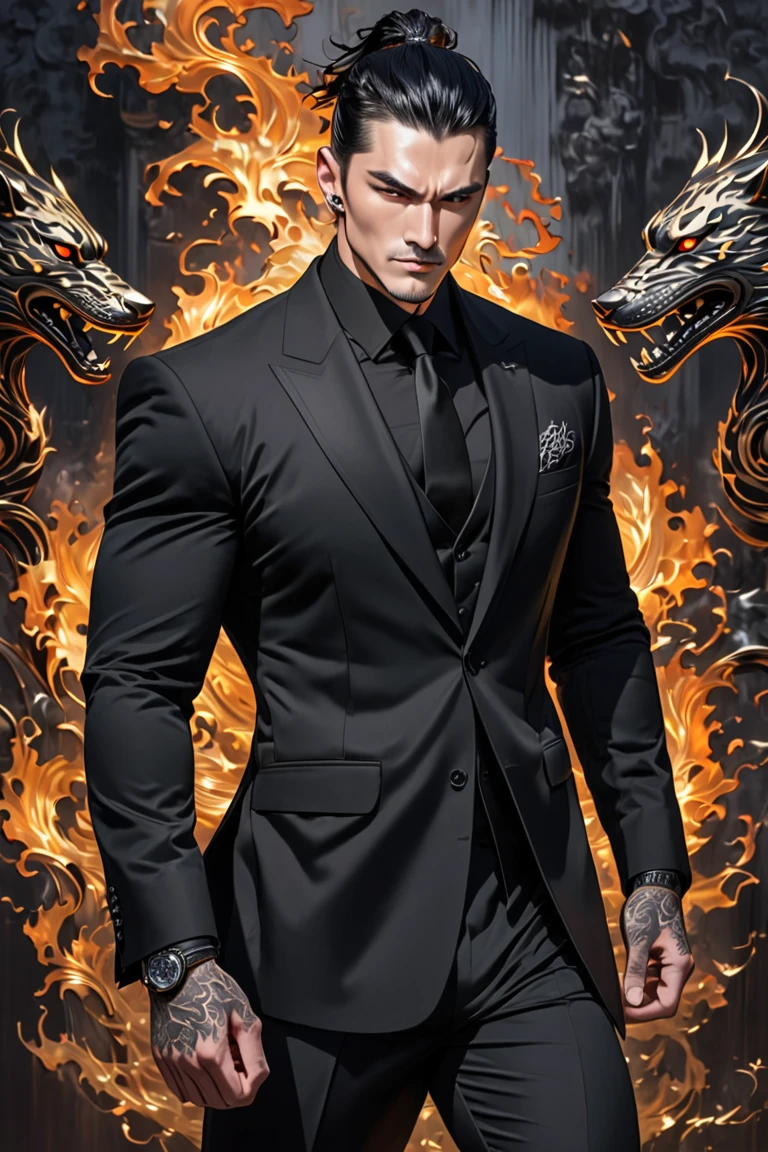 A tall, imposing man in his early 30s with an athletic, muscular build. His skin is olive-toned, with sharp facial features—high cheekbones, a strong jawline, and a slightly aquiline nose. His piercing dark brown eyes have an intense, intimidating gaze, with a faint scar running vertically over his right eye, adding to his fearsome aura. An eyebrow slit on the same side emphasizes his rugged yet precise style. His slicked-back black hair is thick and impeccably styled. A full neck tattoo in intricate black ink depicts a snarling wolf entwined with flames, symbolizing power and dominance. He wears a tailored black suit, perfectly fitted to his physique, paired with a black dress shirt and a matte black tie. A silver watch gleams subtly on his wrist, completing his polished 