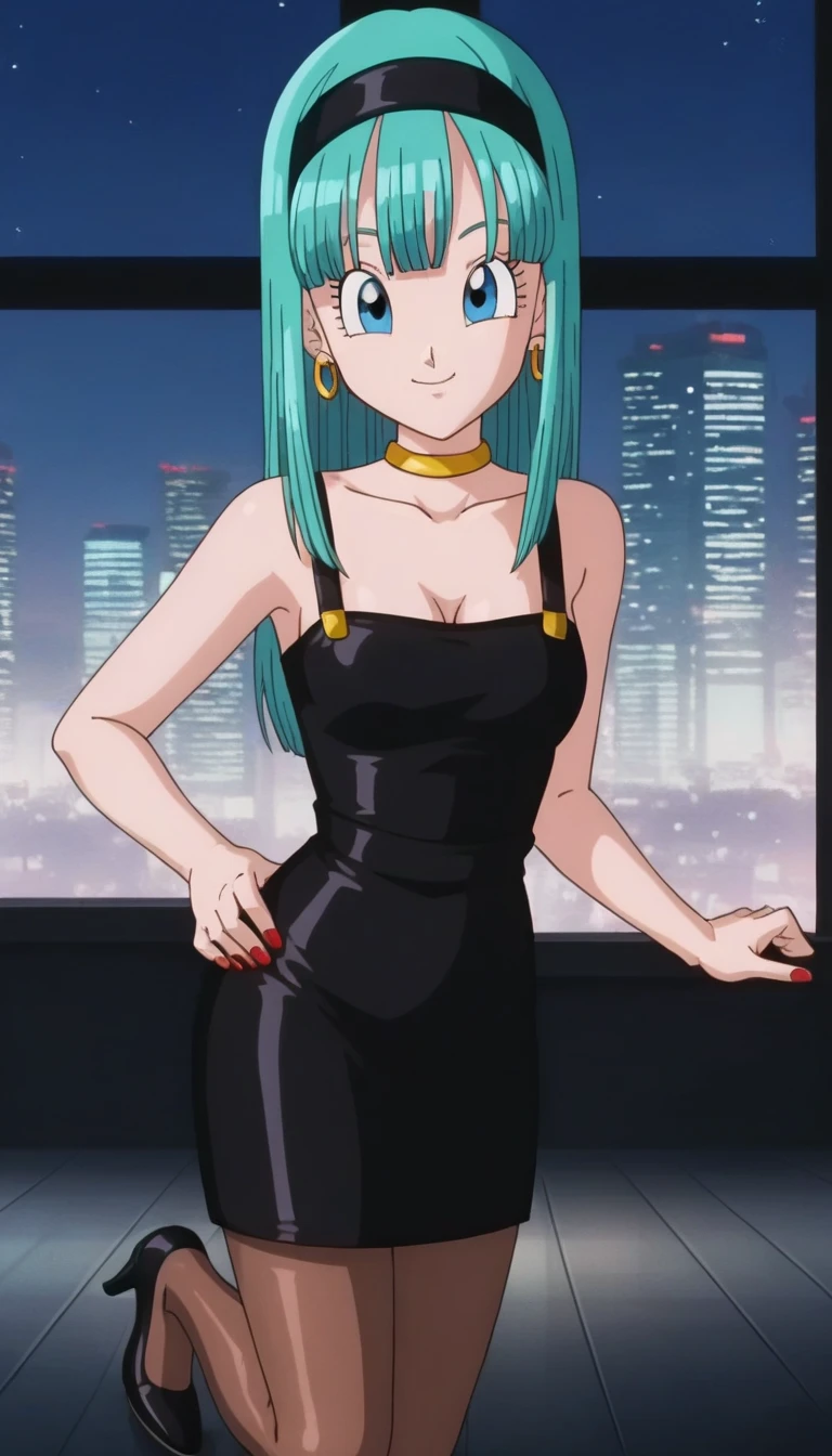 source_anime, score_9, score_8_up, score_7_up, anime screencap, bulla, long hair, straight hair, aqua hair, blue eyes, looking at viewer, red hairband, closed mouth, bangs, bare shoulders, 1girl, solo, a seductive smile, medium breast, a seductive smile, mouth closed, short black leather bodycon dress, strapless, sexy, sexual arousal, cleavage, necklace, red nails, dance floor, night club, a window of the neon city, smile, looking at viewers, cowboy shot, indoors, disco lighting, brown pantyhose, Black high heels, full body, standing up, 