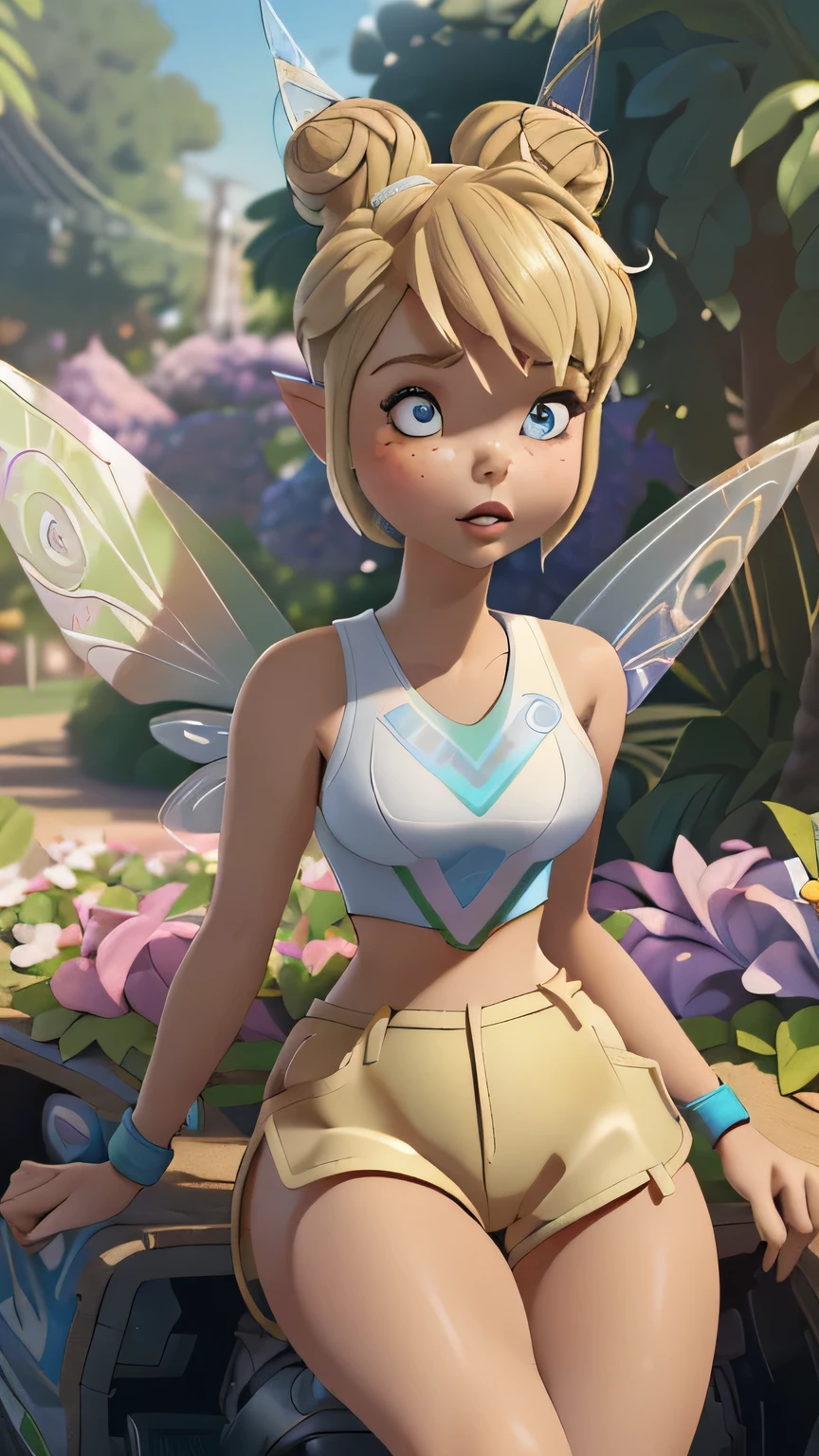 1girl in, age18, Tinkerbell Waifu, photo of perfect woman, miniature ferry, Solo, (miniature girl and a huge world: 1.2), Aesthetic artwork, (single bun, short hair, Short blonde hair in the bun:1.25), (some small freckles, pale skin, large breasts, DD-cup, runners body, very thin waist, skinny, petite, detailed skin texture), (fairy wings, big fairy wings, fairy ears: 1.33), ((she is wearing a Lola Bunny costume, space jam uniform, white crop tank top, white short shorts, space jam emblem: 1.5), (sitting at the base of an absolutely massive tree dwang everything around it, godrays shining down through the trees, seductive eyes, glossy lips, focus on breasts:1.2), (surrounded by huge flowers and trees, tiny girl surrounded by giant objects, detailed outdoor park:1.3), (extremely detailed 8k wallpaper), soft lighting, high quality, film grain, Fujifilm XT3 sharp focus, f 5.6, 50mm, High Detail, Sharp focus,(natural light), crazy details, complex details, hyper detailed. (cowboy photo:1.2), light particles, sfw