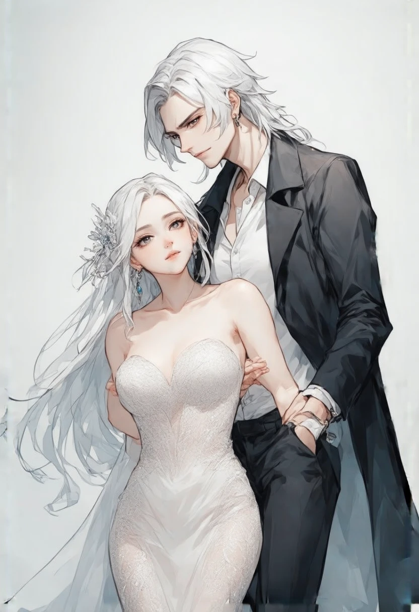 Create an anime character The man with white hair is wearing formal clothes, with a white shirt, tie and a dark coat. He is leaning over the woman, who appears to be in a more submissive position, with her head lowered. She wears a white dress with details, and her white hair.