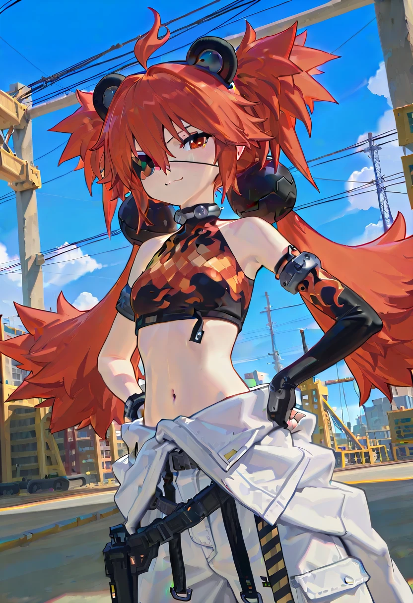 (ultra-detailed, Masterpiece, Ultra-high resolution, 8k, High Quality, Top quality, High-Detailed, Detailed CG, Cinematic Shadow:0.5, Beautiful Detailed Eyes, Ultra Resolution, Depth of Field, High Resolution, Masterpiece: 1.2), (Anime Art style), (cowboy shot), (Construction site:1.6), 1girl, solo, Koleda Belobog, red hair, messy hair, red eye, black pupil, twintails, ahoge, fake bear ears, eyepatch, right one eyed, hair ornaments, collar, crop top, armbands, one sleeve, fingerless gloves, shoulder cut, midriff, navel, jacket tied around waist, construction pants, white pants,belts, gadgets on hip, , small breasts, beautiful breasts, smile, dynamic angle, face focus, hands on own hips,