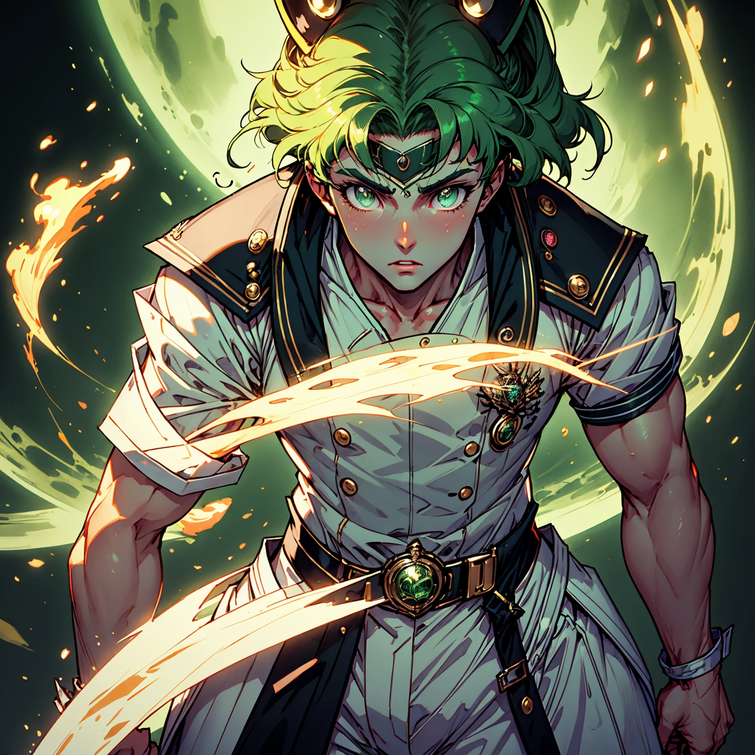 Neon green long haired man in dark green magical boy uniform, a sword with green fire in one hand, tight uniform, Alternative Sailor Moon, full body view, ((ultra quality)), anime enhancement, ((8k resolution, masterpiece, best quality)), ultra detailed, ultra sharp, perfect colors, perfectly shaded, perfect lighting, very detailed face, perfect anatomy,