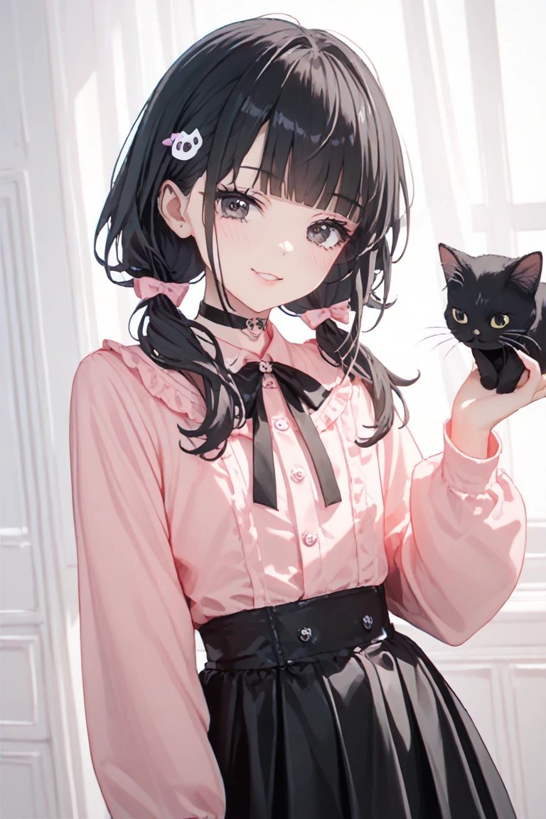 score_9, score_8_up, score_7_up, source_anime, high res image, masterpiece, best quality, 1girl, solo, 14yo, flat chest, coquettish skin, skinny, ivory black eyes,black hair,low twintails, blunt bangs, smilng, cat ear, closs hair pin,pink lips,
pink shirt,cosplay, jirai kei, bangs, black skirt, black bow, looking at viewer, bow, long sleeves, choker, ribbon,smiling,hagging a black cat, cowboy shot, close-up face,