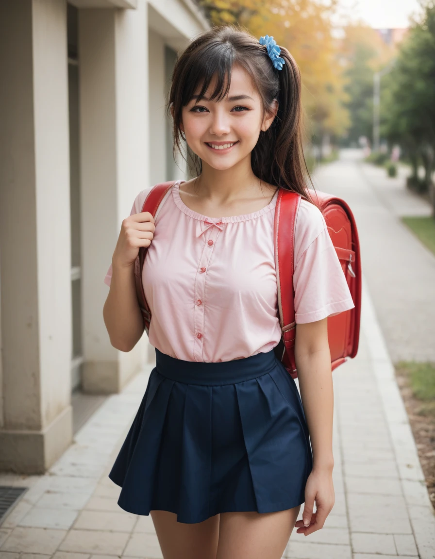 masterpiece, best quality, highres, 1girl, long hair, one side up, solo, ponytail,black hair, bare shoulders, pink shirt, short sleeves, off-shoulder shirt, frills, blue skirt, cowboy shot, smile,standing, wearing randoseru backpack, red backpack , outdoor, day