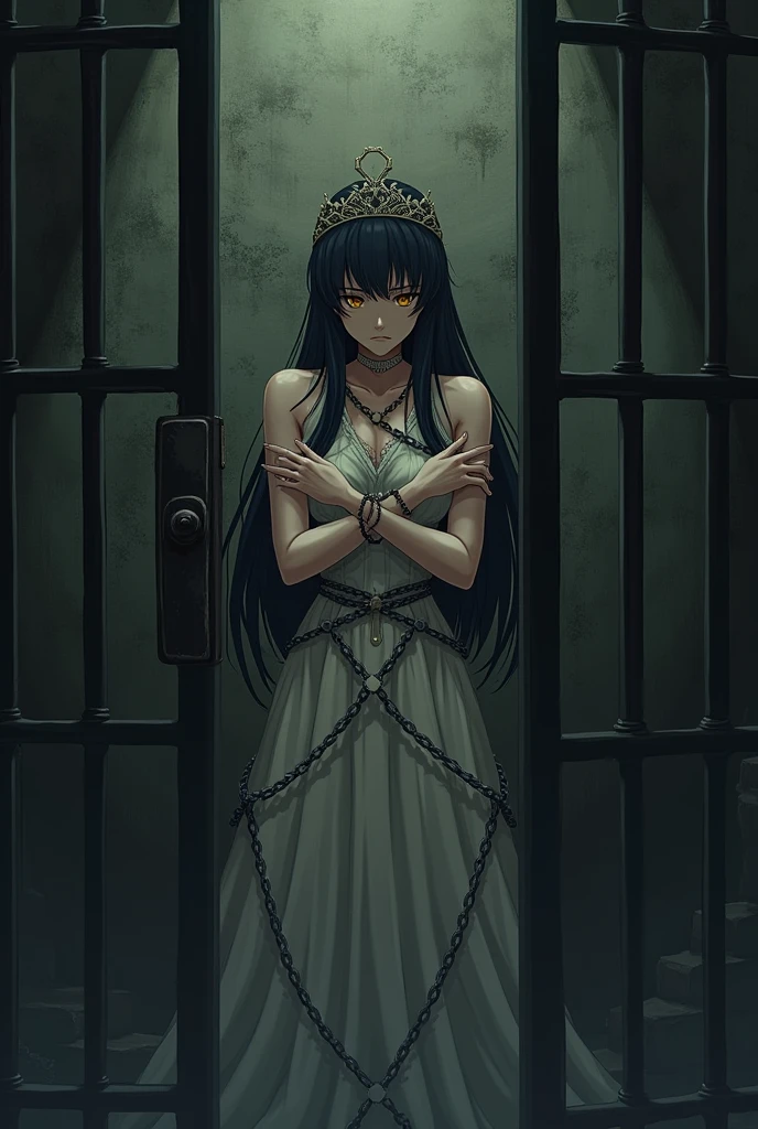 score_9, score_8_up, score_7_up, score_6_up, score_5_up, score_4_up, source_anime, 1woman, beautiful, floor, black hair , long hair, black eyes, w-w-chain, shackles, spread arms, black topics, white dress, heels, lacing, dungeon, best quality, best res, 4K UHD,
 