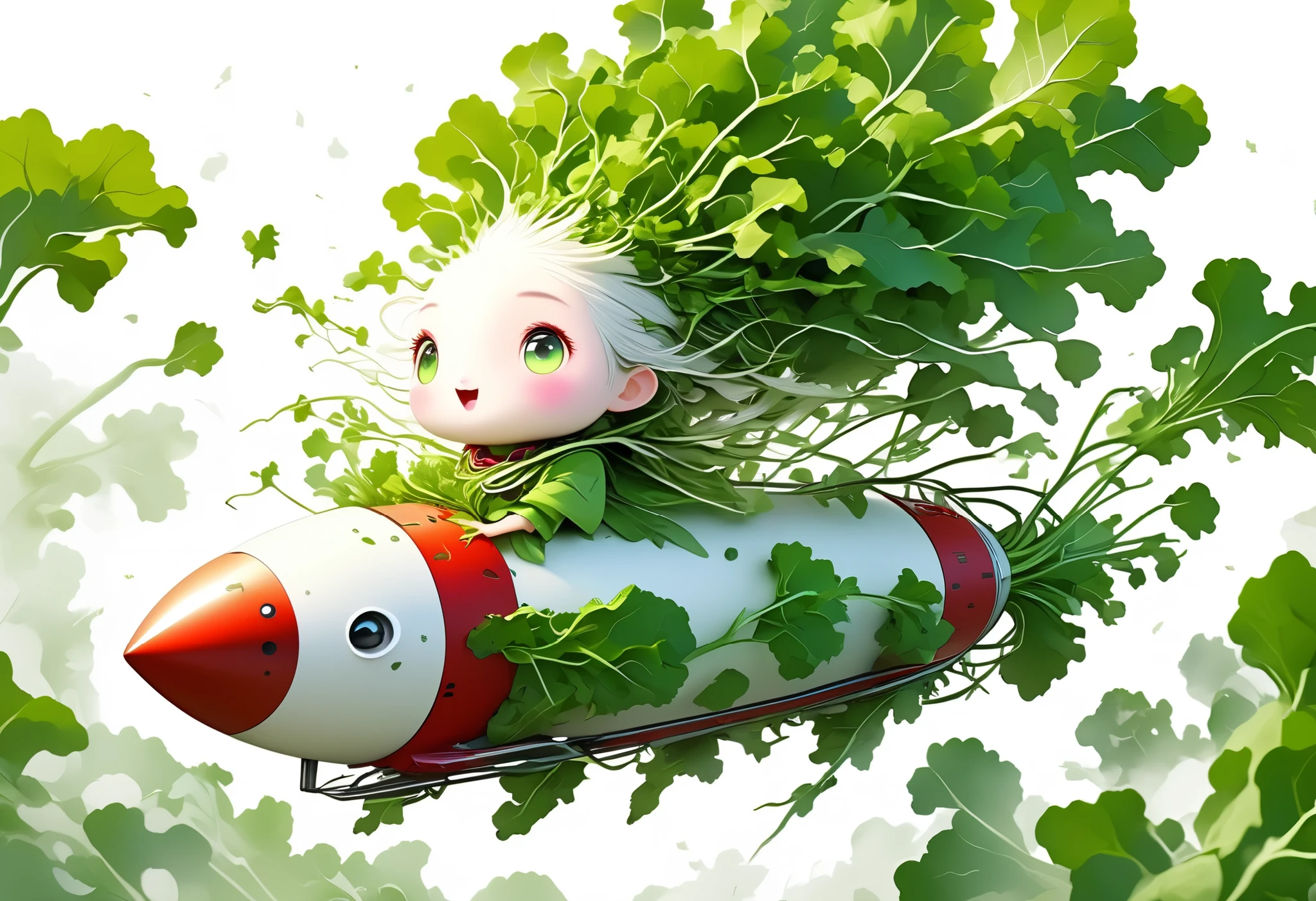 Digital art, Daikon lady on rocket, green eyes, radish leaves growing from head, pure white skin,

Rocket looks like Daikon, flames of rocket's jets green,

Masterpiece, best quality