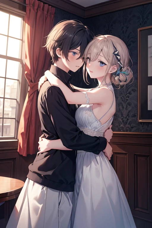 A boy hugging a girl (masterpiece:1.2), best quality, masterpiece, highres icon, original, extremely detailed wallpaper, perfect lighting,(extremely detailed CG:1.2),