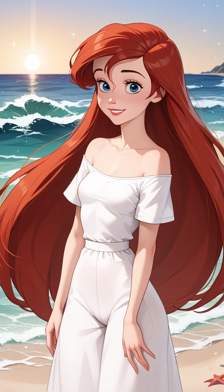 score_9, score_8_up, score_7_up, DisneyAriel, 1girl, red hair, blue eyes, long hair, looking at viewer, on a white off the shoulders ruffle maxi dress, short sleeve, standing on the beach, waves gently lapping at the shore, night skies with blue and purple hues with sparkling stars, relaxed and contemplative atmosphere, upper body, smile, arms at side