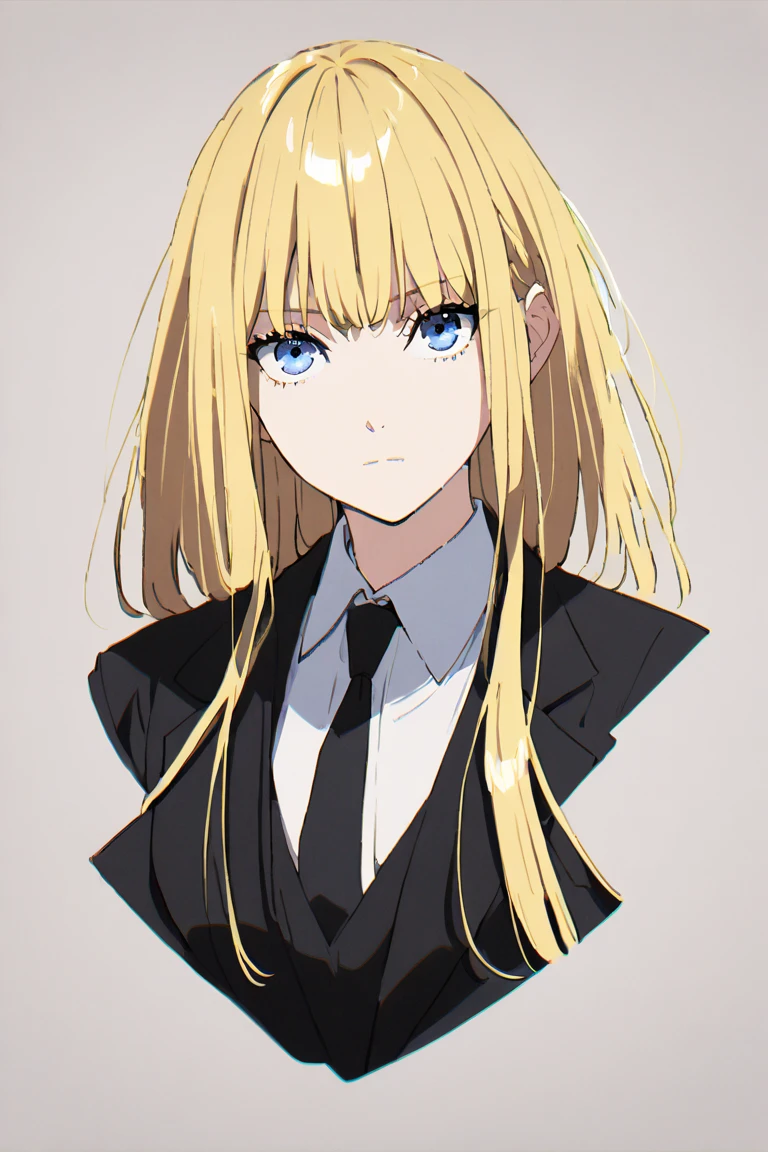 1 girl, full body, black formal suit, long hair, blonde hair, blue eyes, stoic face, black gloves