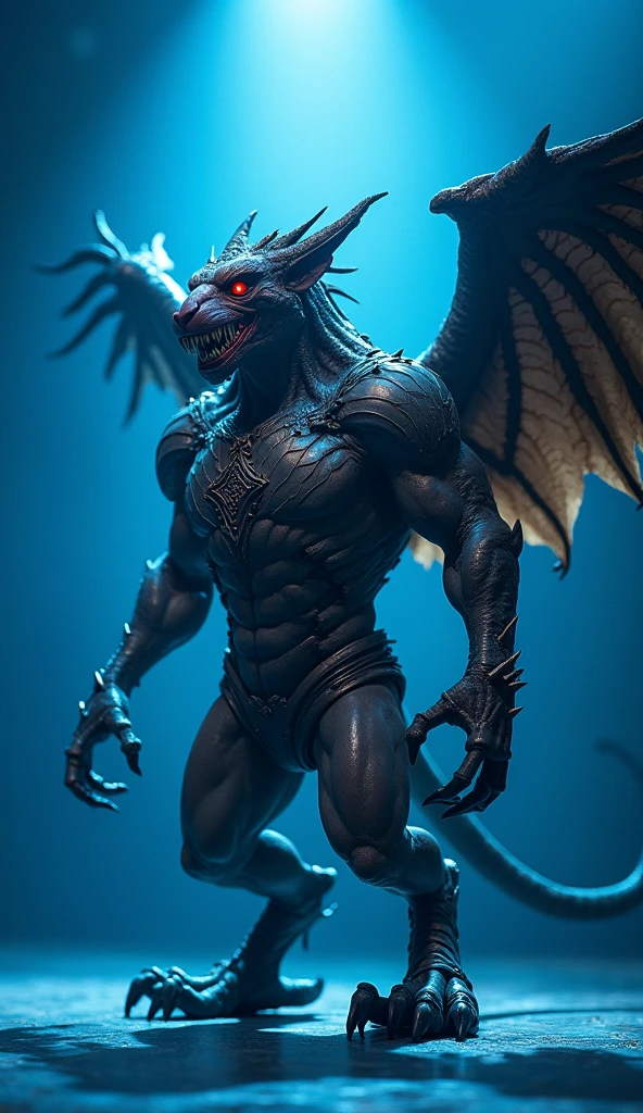 Dragonborn, wings, male, scaly body, muscular, big wings on his back, glowing eyes, using magic, clothes, arms