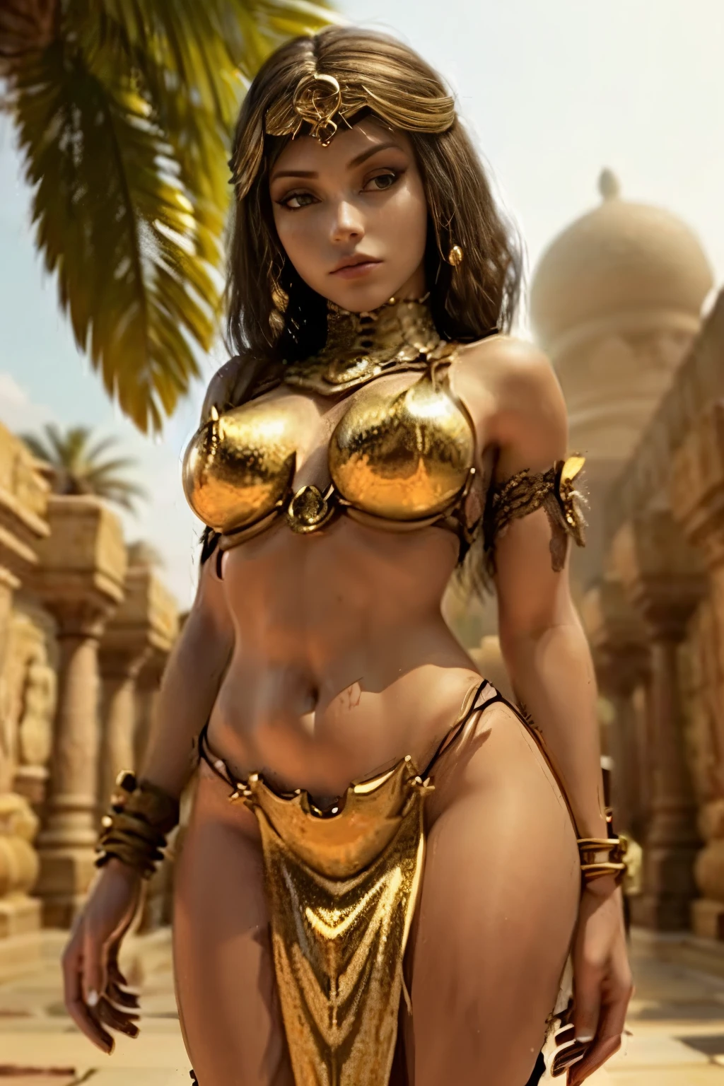 Catherine Zeta Jones as an ancient Egyptian princess, completely naked, large breasts, snake arm bands, snake tiara, a thick necklace, standing inside an ancient Egyptian temple, hyroglyphs on walls, ((naked breasts and pubic hair visible:1.2)), holding a dagger in her hand, upper body, front view